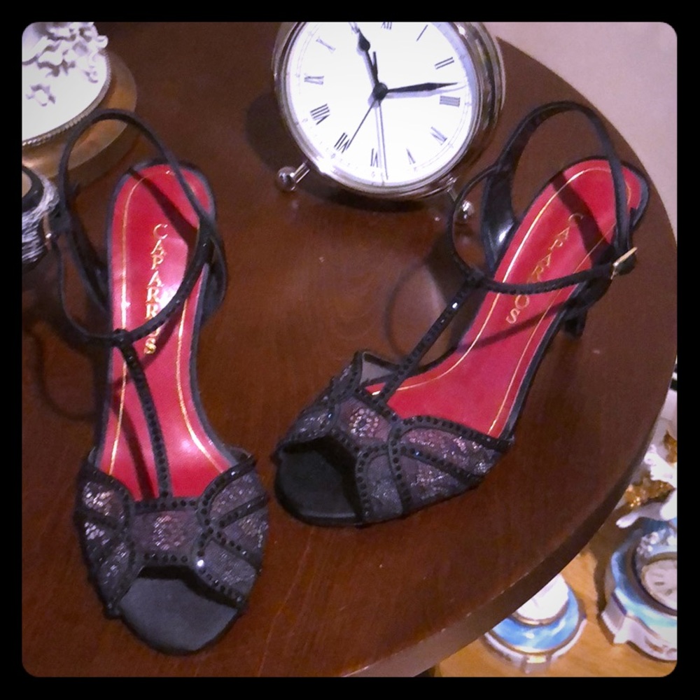 Black evening strapped short heels. Italian!